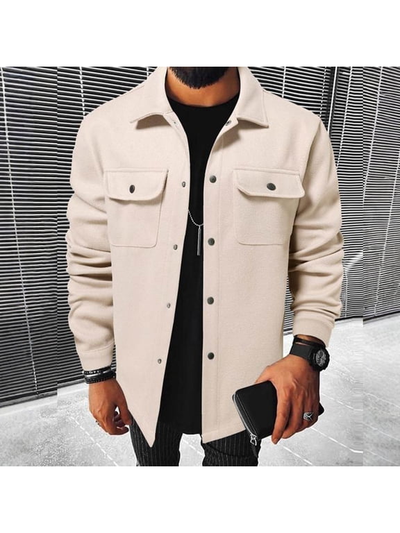 Winter Men's Button Up Shirt Beige Collar Shirt Button Down Long Sleeve Pockets Big and Tall Mens Clothes