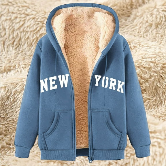 Fznquz Winter Oversized Hoodies for Women Blue Long Sleeve Fleece Jacket Graphic Hooded Warm Women's Clothing