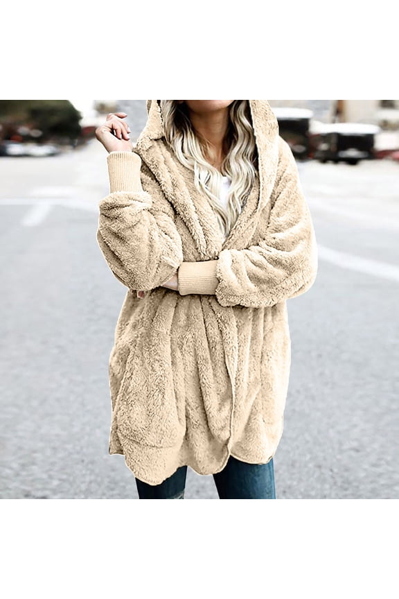 Winter Plus Size Cardigan for Women Long Sweater Beige Hooded Trendy Fuzzy Women Clothing