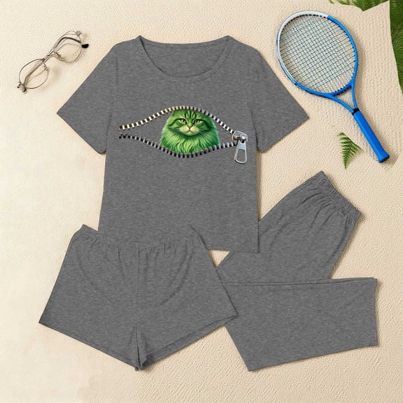 Fznquz Winter Warm Pajamas for Women Christmas 3 Piece Soft Pjs Short Sleeve Tops and Shorts Pants Casual Pj Sets for Woman