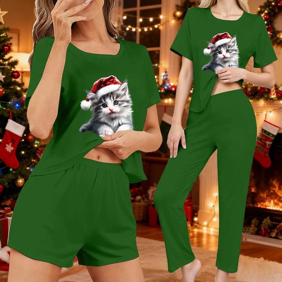 Fznquz Winter Womens Loungewear Soft Christmas Lounge Casual Tops and Shorts Pants Short Sleeve 3 Piece Matching Pj Set Women
