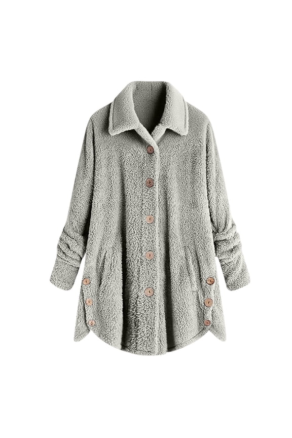 Winter Womens T Shirts Gray Long Sleeve Fleece Shirts Button-Up Fuzzy Pockets Women Clothes,S