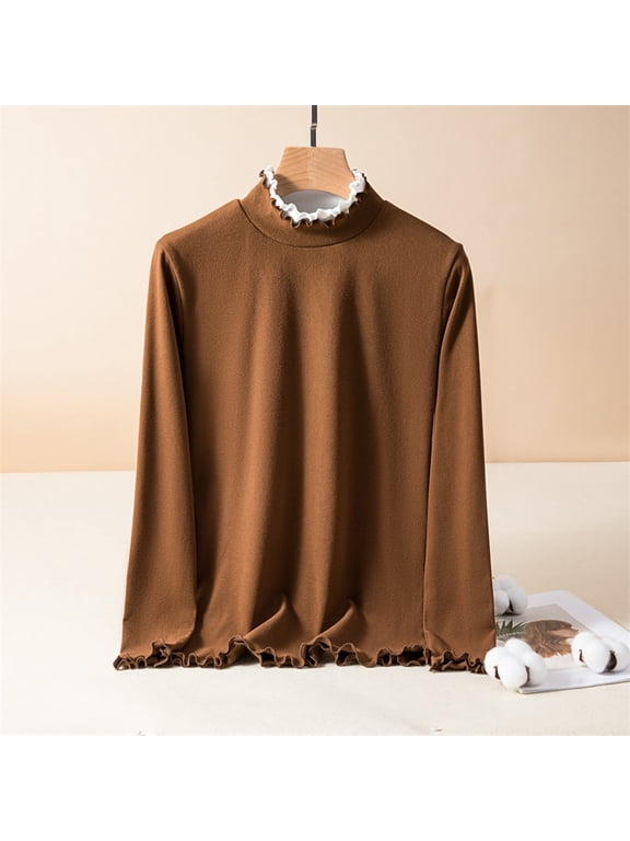 Womans Tops Plain Brown Long Sleeve High Neck Shirts Loose Trendy Casual Womens Fashion Tops,L
