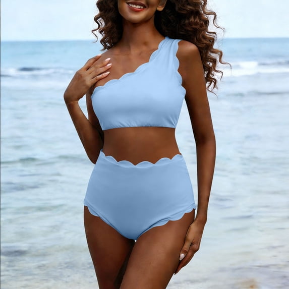 Fznquz Women Bikini High Waisted 2 Piece One Shoulder Swimsuits Tummy Control 2026 Scalloped Swimsuit,L