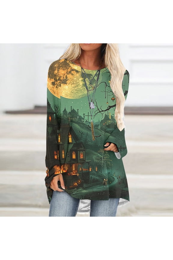 Women Blouse Halloween Tunic Crewneck Tops Long Sleeve Graphic Cute Womens Tees