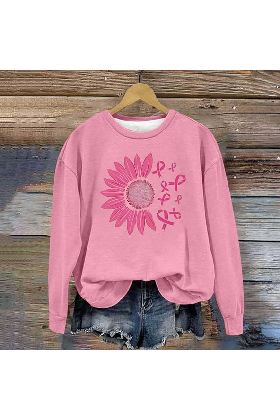 Women Blouse Pink Breast Cancer Awareness Crewneck Sweatshirt Long Sleeve Trendy Plus Size Womens Fall Fashion