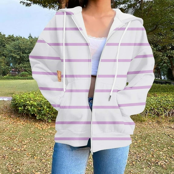 Fznquz Women Blouse Zip Up Sweatshirt Trendy Hoodies White Winter Striped Fall Women's Fashion