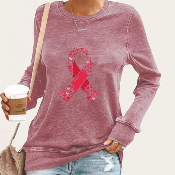 Fznquz Women Blouses 2025 Pink Breast Cancer Crewneck Shirts Fall Casual Long Sleeve Women T Shirts