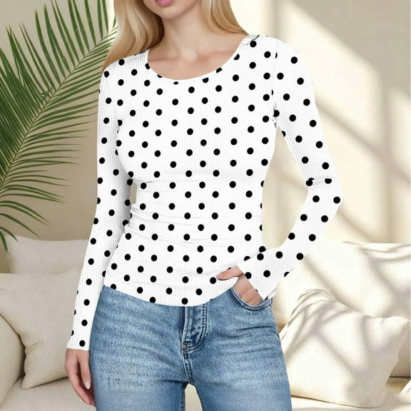 Fznquz Women Blouses for Work White Polka Dot Going Out Basic Tees Fitted Slim Fit Long Sleeve Womens Tee,XXL