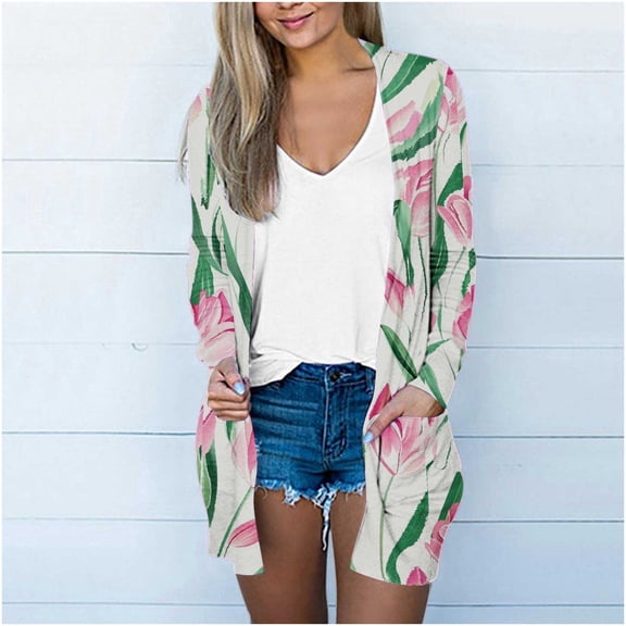 Fznquz Women Cardigan Sweater Kimono Open Front Cover Up Trendy Pockets Floral Pink Jackets