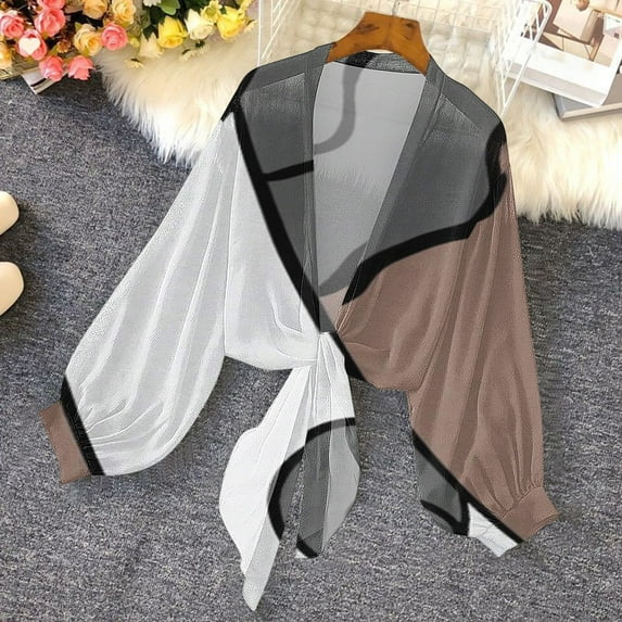 Fznquz Women Cardigans Lightweight Chiffon Shrugs Cover Up Cardigan Tie Front Casual Bolero Blouses