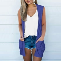 Fznquz Women Cardigans Lightweight Open Front Sleeveless Sweater Blue Long Cardigan 2025 Summer Womens Tops with Pockets