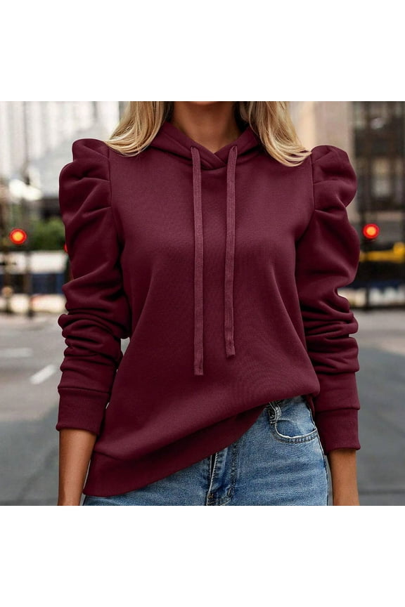 Women Hoodies Puff Sleeve Red Plain Sweatshirt Dressy Casual Trendy Fall Outfits