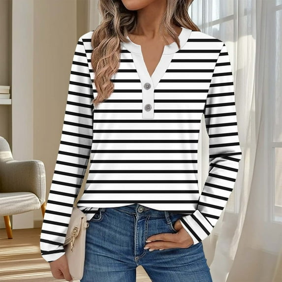 Fznquz Women Long Sleeve Tops V Neck White Plus Size Blouse Striped Casual Fall Button Women Clothes