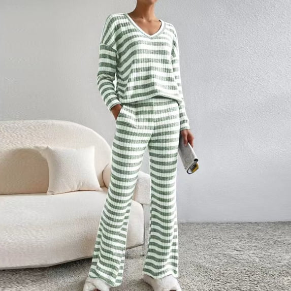 Fznquz Women Loungewear Set Striped Soft Pjs Long Sleeve 2 Piece Sleepwear