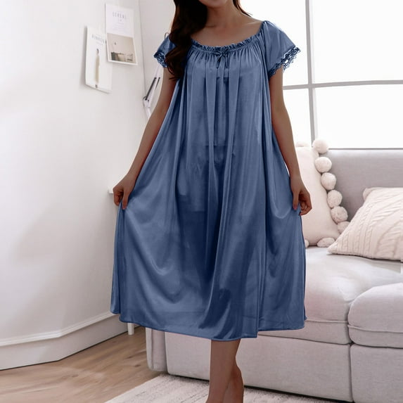 Fznquz Women Nightgown Loungewear Short Sleeve House Dress Casual Blue Solid Color Comfy Womens Sleep Shirts