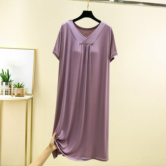 Fznquz Women Nightgown Short Sleeve Loose Lounge House Dress Purple Comfy Crewneck Casual Nighty