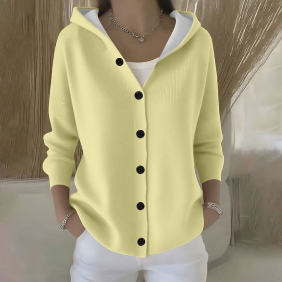 Fznquz Women Sweaters Button Down Knitted Hooded Sweater Trendy Yellow Cardigan Solid Womens Winter Coat