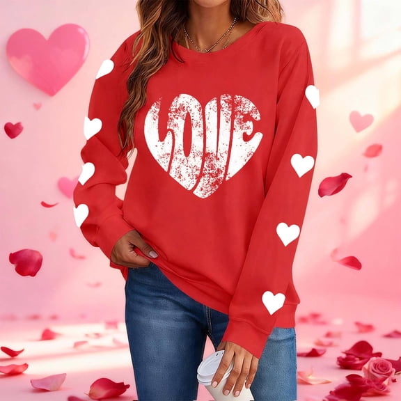 Fznquz Women Sweatshirt Love Heart Valentines Cute Sweatshirts Red 2026 Oversized Fashion Clothing M