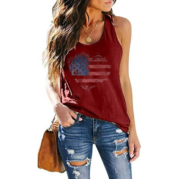 Fznquz Women Tank Top American Flag Independence Day 4th of July Soft Sleeveless Crew Neck Fashion Red Junior Tank Tops Under 10