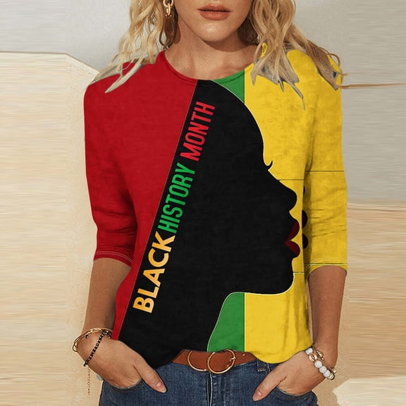 Fznquz Women Tops 3/4 Sleeve Black History Shirts Winter Fall Crew Neck Shirt,S