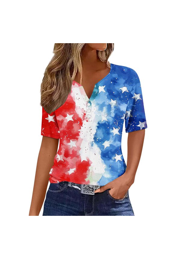 Women Tops Short Sleeve V Neck Spring Summer Shirt Independence Day Casual Patriotic Women's T-Shirts