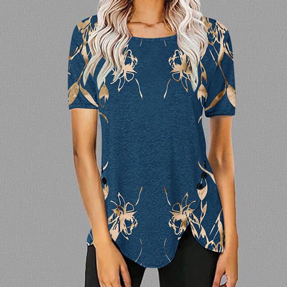 Fznquz Women Tops Summer Dressy Casual Tunic Short Sleeve Green T Shirt Irregular Hem Floral Summer Womens Short Sleeve Blouses