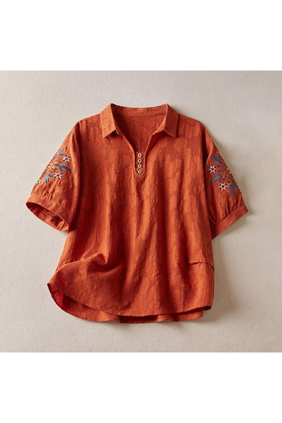 Women Workout Tops Casual Orange Short Sleeve Tunic T Shirts for Women Henley Cotton Linen Button up Blouses for Women