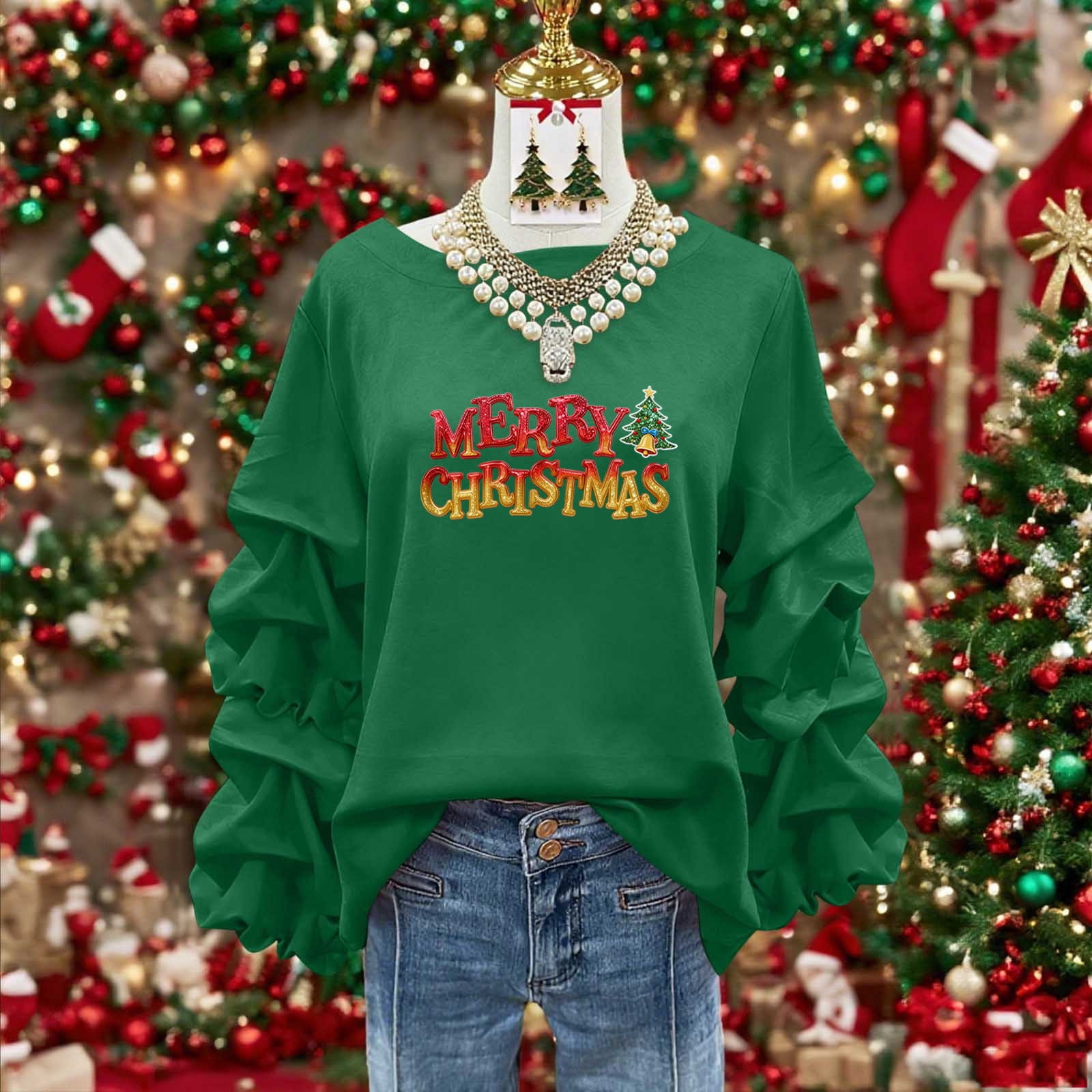 Fznquz Women's Blouses Green Long Sleeve Crew Neck Shirt Casual Trendy ...