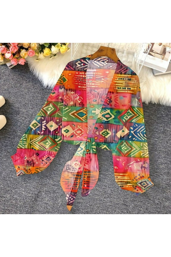 Women's Cardigan Shrugs Sweater Chiffon Cover Up Bolero Graphic Tie Front Tops