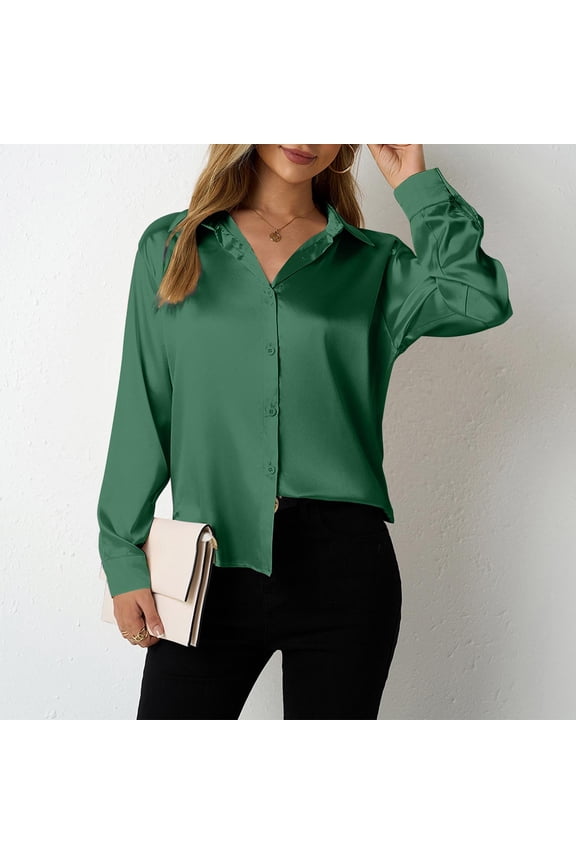 Women's Long Sleeve Tops Green Satin Fall Button Down Shirts Work Dressy Casual Women T Shirt