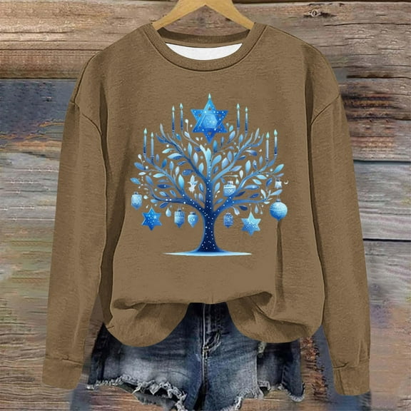 Fznquz Women's Long Sleeve Tops Yellow Fall Winter Crewneck Hanukkah Sweatshirts Trendy Casual Women Tshirts