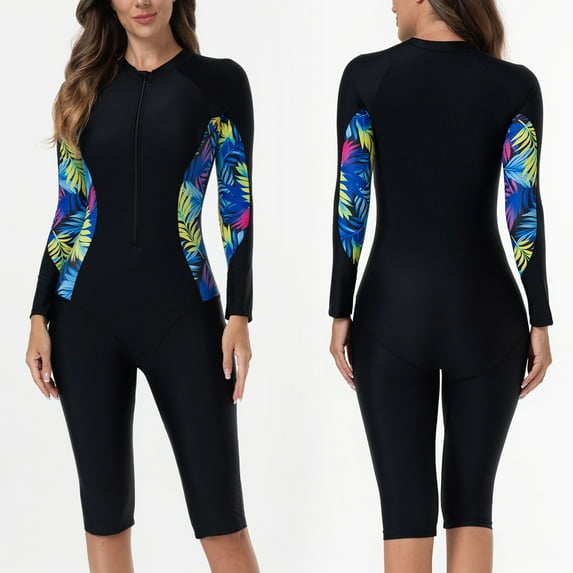 Fznquz Women's One Piece Swimsuit Tummy Control Rash Guard Modest Long Sleeve Surfing Bathingsuits