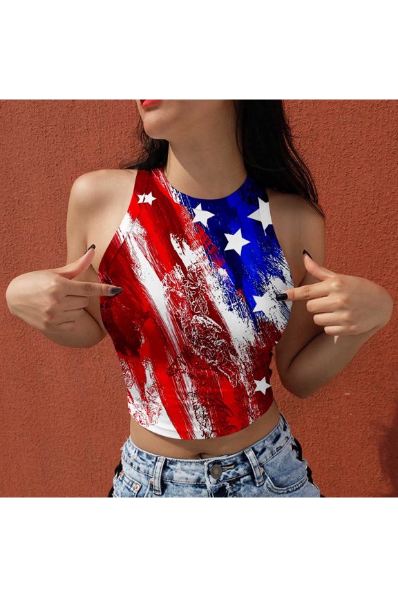 Women's Summer Tops 2025 American Flag Sexy Crop Yellow Slim Fit Independence Day Summer 4th of July Halter Tank Tops for Women