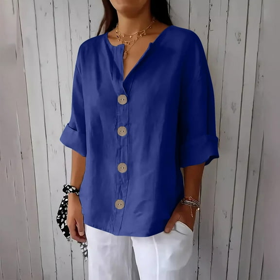 Fznquz Women's Tee Shirts Blue Button Down 3/4 Sleeve Linen T Shirt Plain V Neck Loose Solid Color Women's Fall Fashion,M