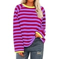 thumbnail image 1 of Fznquz Women's Tops Purple Striped Knit Shirts Loose Crew Neck Casual Long Sleeve Tee Shirt S, 1 of 5