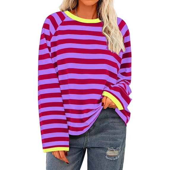 Fznquz Women's Tops Purple Striped Knit Shirts Loose Crew Neck Casual Long Sleeve Tee Shirt S