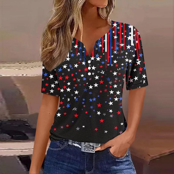 Fznquz Women's Tops Short Sleeve 4th of July Tees Black V Neck Button Patriotic Blouses for Women Casual