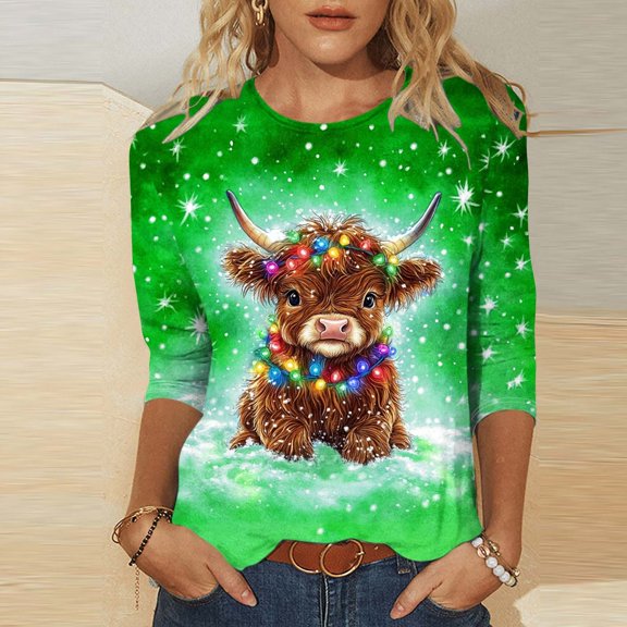 Fznquz Womens 3/4 Sleeve Tops and Blouses Winter Green Crewneck Christmas Tops Casual 2025 Cute Graphic Women Fashion,XXXL