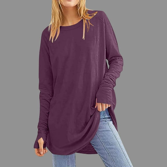 Fznquz Womens Blouses Casual Crewneck Purple Plain Tunic Tee Shirts Long Sleeve Solid Shirts Women