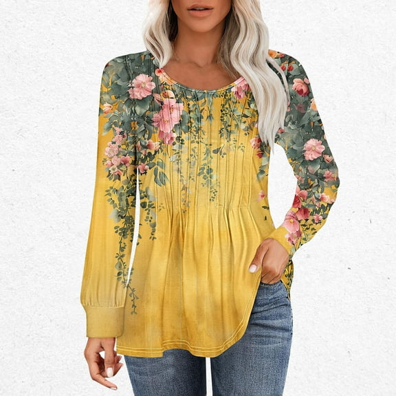 Fznquz Womens Blouses Dressy Casual Tunic Floral Long Sleeve Shirt Multicolor Fall Crew Neck Women Clothing