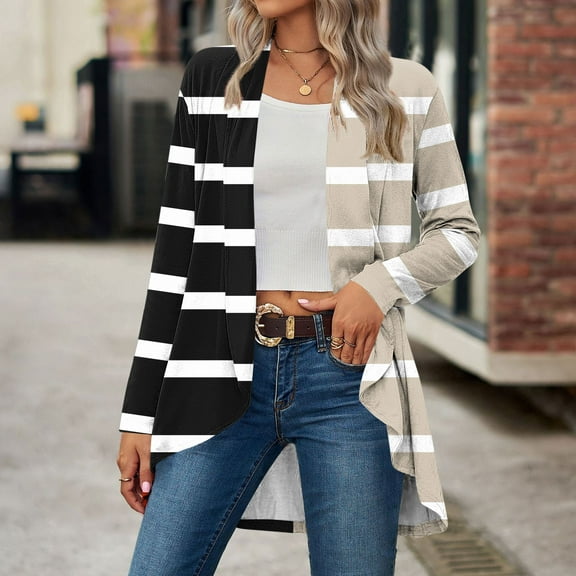 Fznquz Womens Cardigans Lightweight 2025 Open Front Jacket Yellow Dressy Casual Trendy Striped Blouse