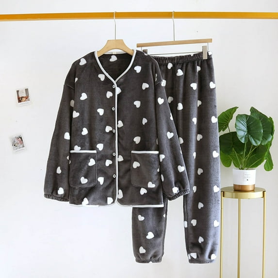 Fznquz Womens Christmas Pajamas Flannel 2 Piece Button Up Outfits Long Sleeve Soft Fleece Love Printed Pj Sets