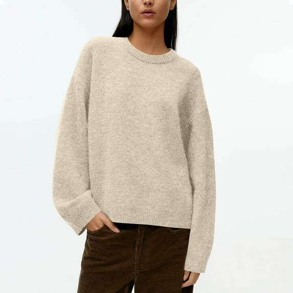 Fznquz Womens Fall Sweaters 2025 Casual Knit Crewneck Sweater Loose Solid Long Sleeve White Winter Clothes for Women