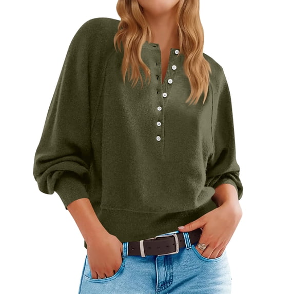 Fznquz Womens Fall Sweaters 2025 Pullover Puff Sleeve Sweaters Long Sleeve Button Green Winter Womens Fashion