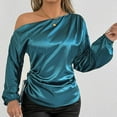 thumbnail image 1 of Fznquz Womens Fall Tops Long Sleeve Blue Fall Satin Tee Dressy Casual Work Women's T-Shirts, 1 of 5
