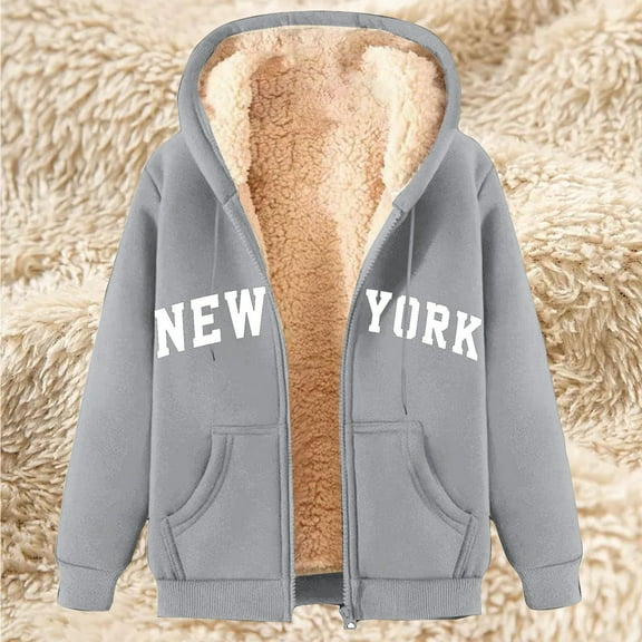 Fznquz Womens Hoodies under $10 Winter Long Sleeve Gray Fleece Jacket Graphic Warm Hooded Pullover