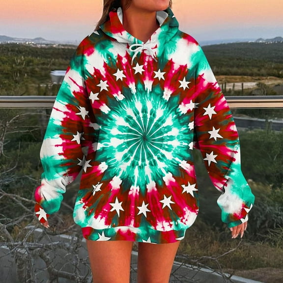 Fznquz Womens Long Sleeve Blouse Hooded Fall Green Sweatshirt Pocket Crewneck Tie Dye Graphic Trendy Fashion Women