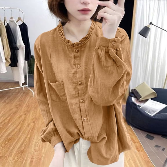 Fznquz Womens Long Sleeve Blouse Orange Button Down Plain Shirts Pocket Casual Fall Work Shirts for Women