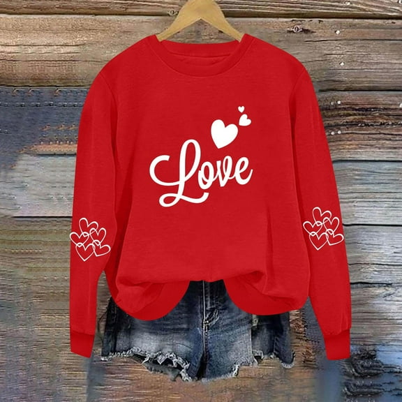 Fznquz Womens Long Sleeve Sweatshirt Valentine Day Oversized Lightweight Heart Graphic Shirts 2026 Fashion Red Spirng Outfits L